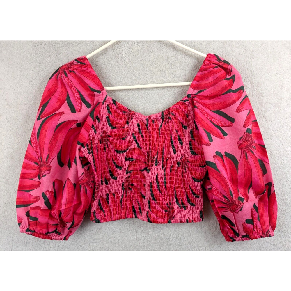 HT 360 Collective sz XS Cropped Smocked puff Sleeve Blouse pinks bananas 1651